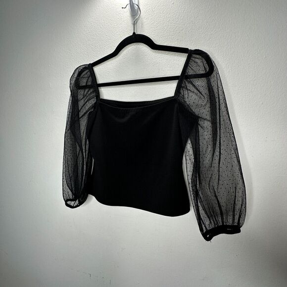 Socialite Black Square Neck Sheer Polka Dot Mesh Balloon Sleeve Crop Top M - Picture 6 of 12